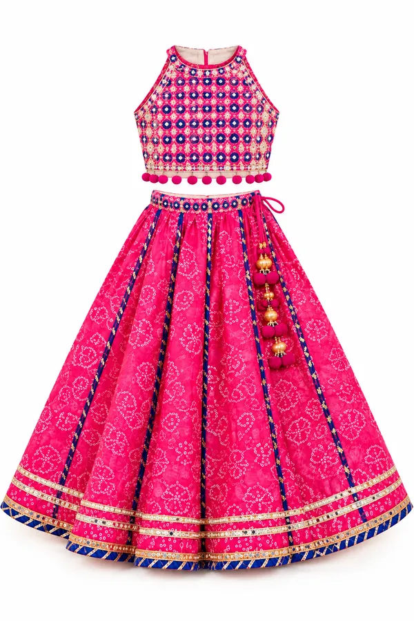Girls_Magenta_Pink_&_Navy_Blue_Printed_Lehenga_Choli_Set_with_Golden_Border_&_Pom-Pom_Tassels