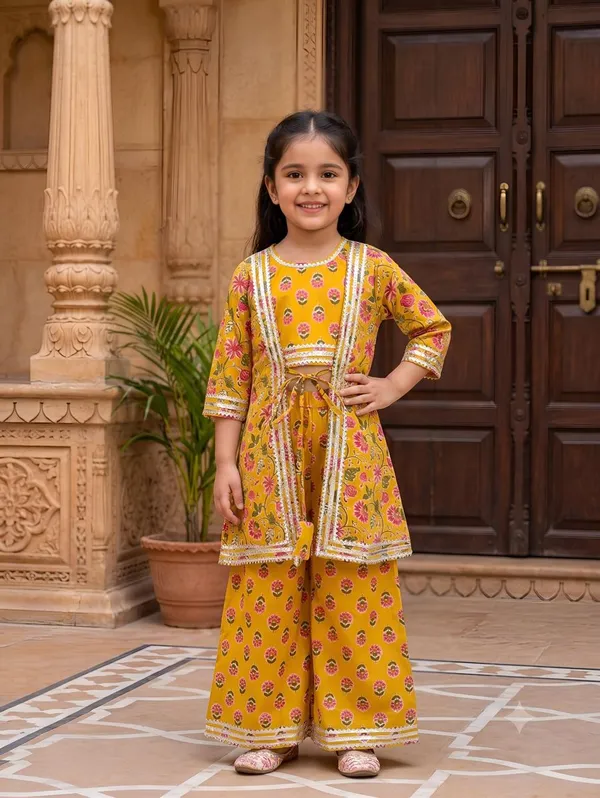 Girls_Mustard_Yellow_Floral_Printed_Kurta_Palazzo_Set