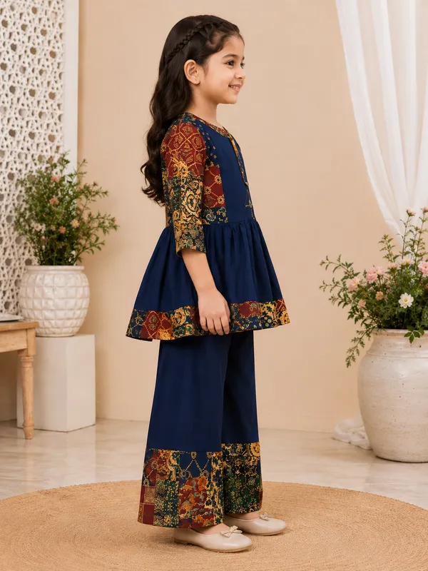 Girls_Navy_Printed_Peplum_Top_&_Palazzo_Set