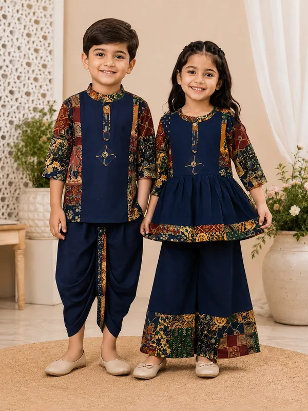 Girls_Navy_Printed_Peplum_Top_&_Palazzo_Set
