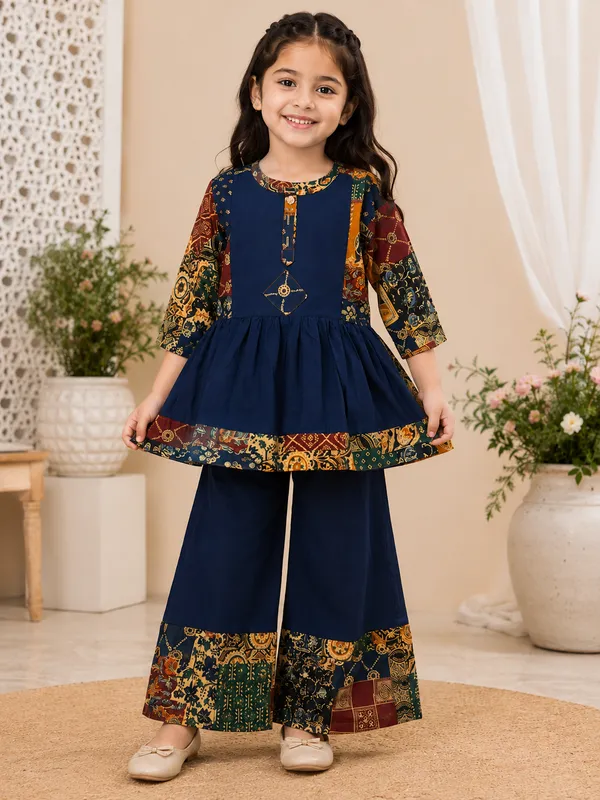 Girls_Navy_Printed_Peplum_Top_&_Palazzo_Set