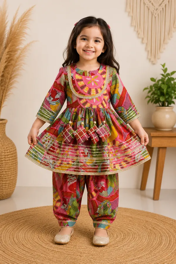 Girls_Pink_Boho_Print_Peplum_Kurti_Dhoti_Set
