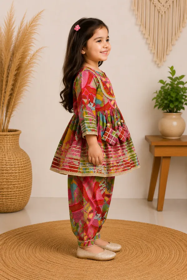 Girls_Pink_Boho_Print_Peplum_Kurti_Dhoti_Set