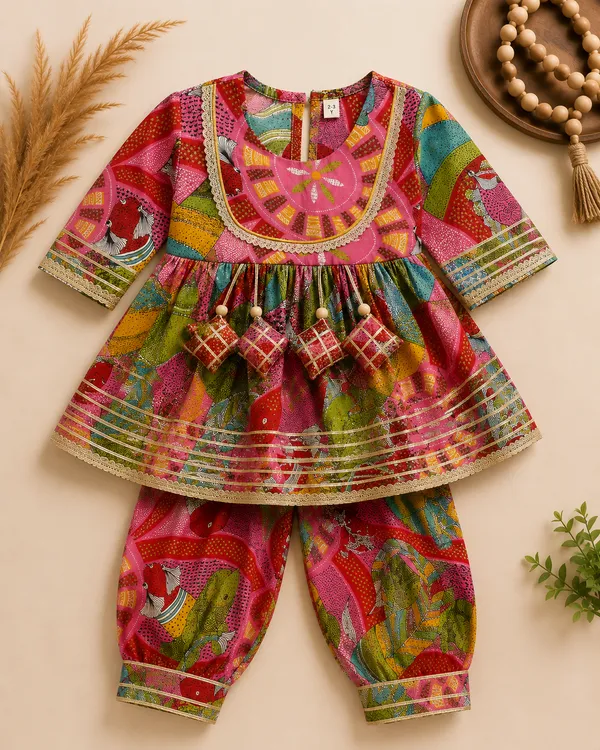 Girls_Pink_Boho_Print_Peplum_Kurti_Dhoti_Set