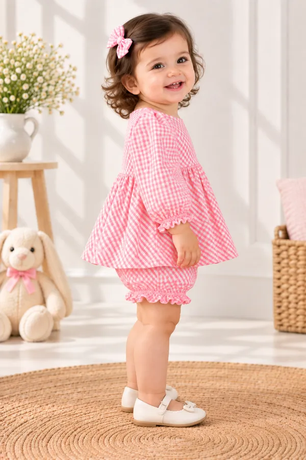 Girls_Pink_Gingham_Check_with_Golden_Lurex_Thread_Top_&_Bloomer_Set