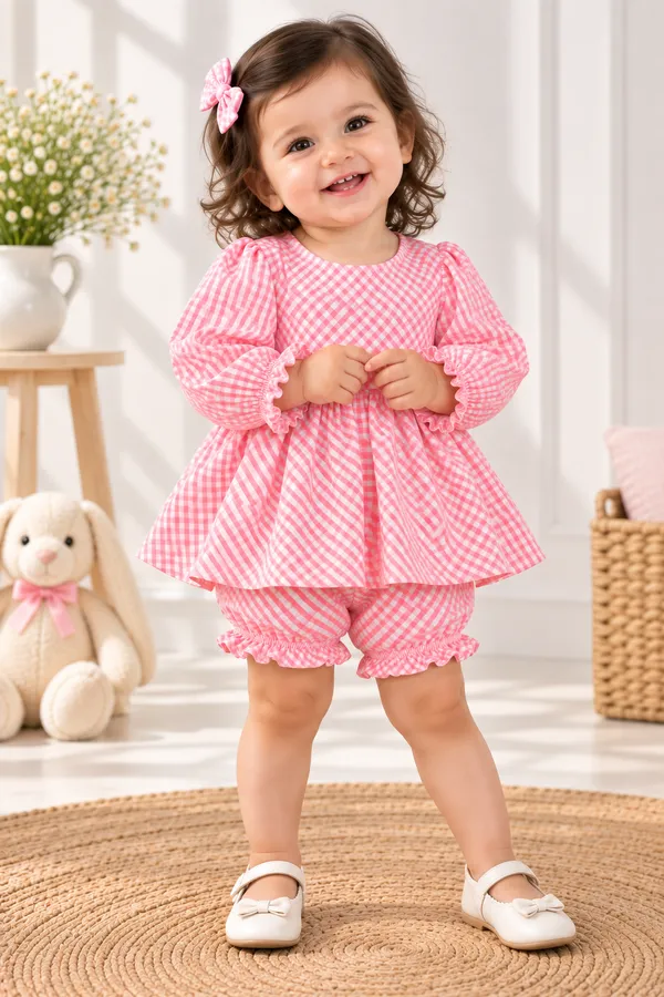 Girls_Pink_Gingham_Check_with_Golden_Lurex_Thread_Top_&_Bloomer_Set