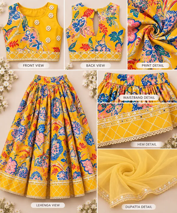 Girls’_Mustard_Yellow_Floral_Printed_Lehenga_Choli_with_Dupatta