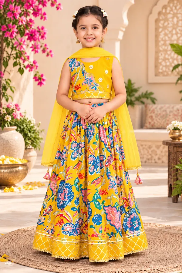 Girls’_Mustard_Yellow_Floral_Printed_Lehenga_Choli_with_Dupatta