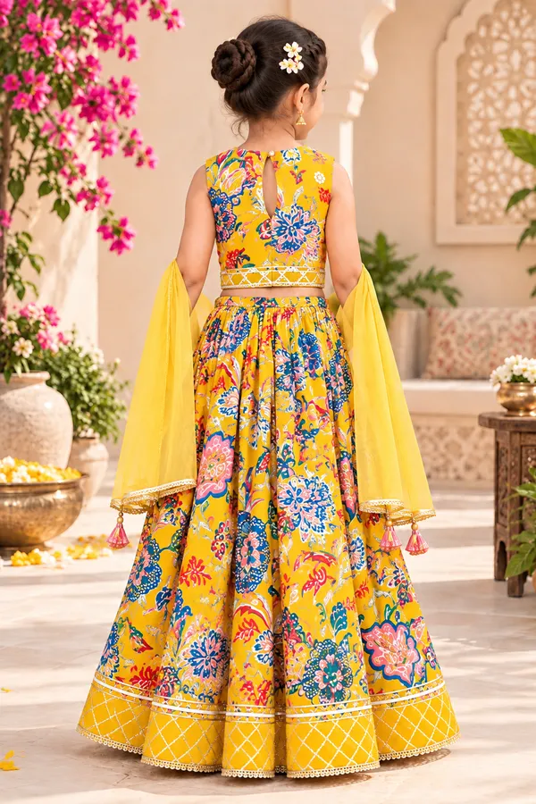 Girls’_Mustard_Yellow_Floral_Printed_Lehenga_Choli_with_Dupatta