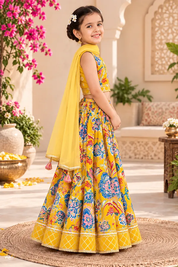 Girls’_Mustard_Yellow_Floral_Printed_Lehenga_Choli_with_Dupatta