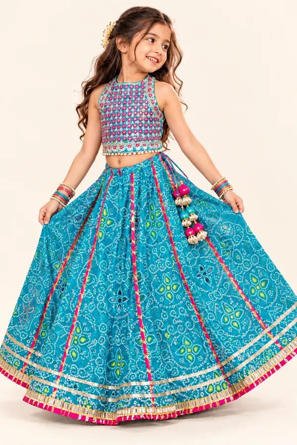 Girls’_Turquoise_Blue_Bandhani_Print_Lehenga_Choli_Set_with_Latkan_Tassels_&_Embellished_Border