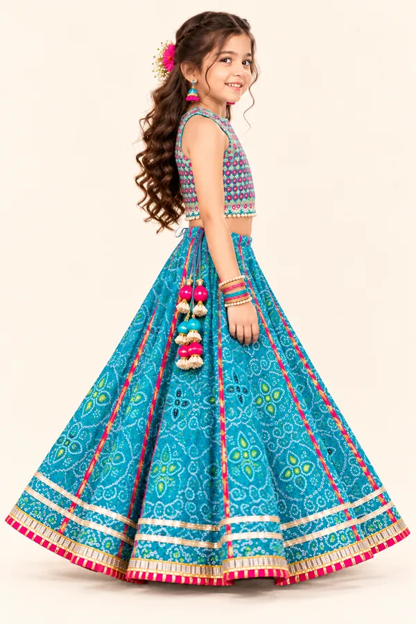 Girls’_Turquoise_Blue_Bandhani_Print_Lehenga_Choli_Set_with_Latkan_Tassels_&_Embellished_Border