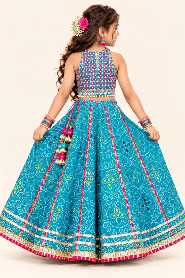 Girls’_Turquoise_Blue_Bandhani_Print_Lehenga_Choli_Set_with_Latkan_Tassels_&_Embellished_Border