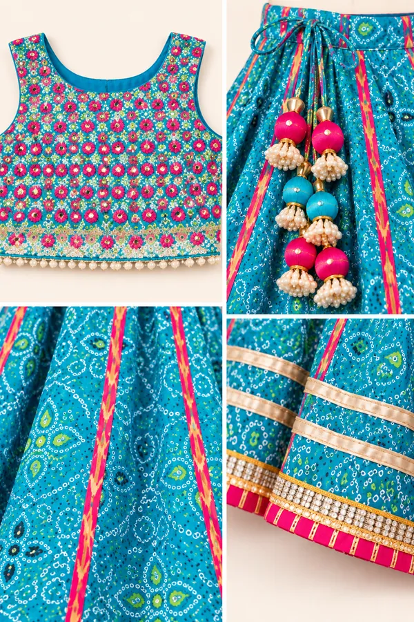 Girls’_Turquoise_Blue_Bandhani_Print_Lehenga_Choli_Set_with_Latkan_Tassels_&_Embellished_Border