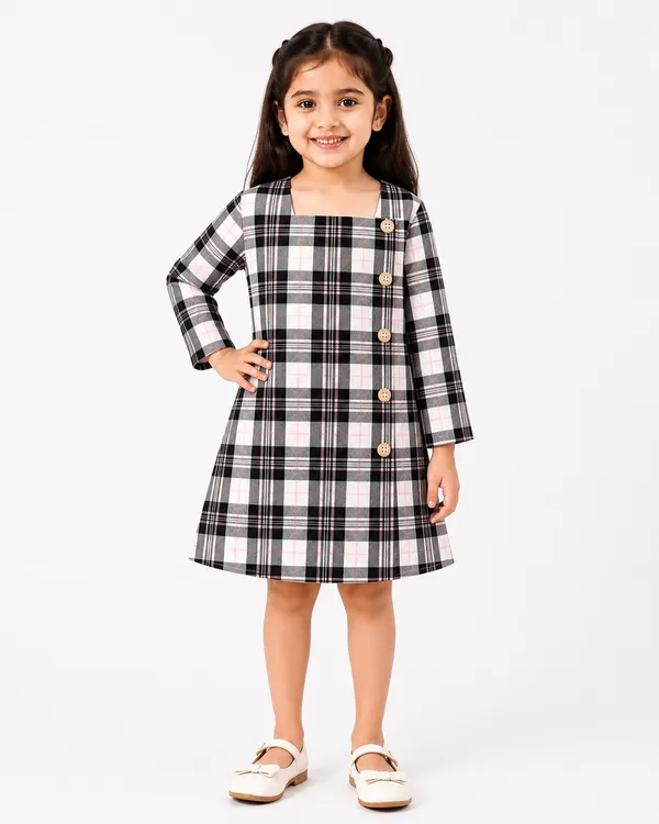 Checkered_A-Line_Dress_With_Square_Neck_&_Lurex_Stripes