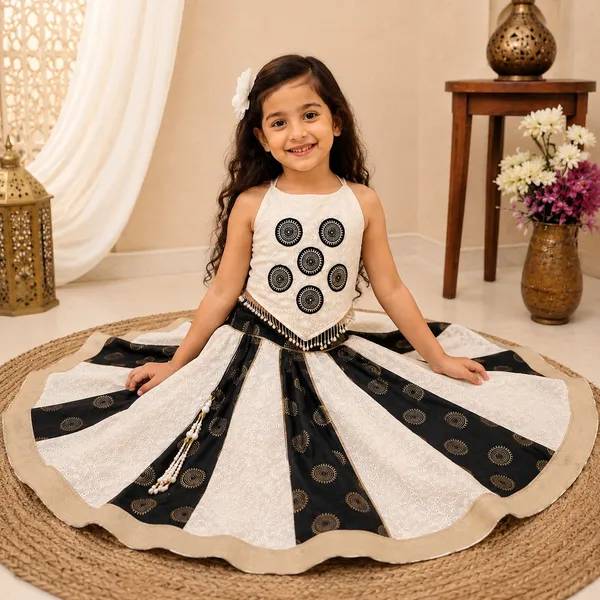 Kids_Girls_Black_&_White_Printed_Lehenga_Choli_Set_with_Gold_Border