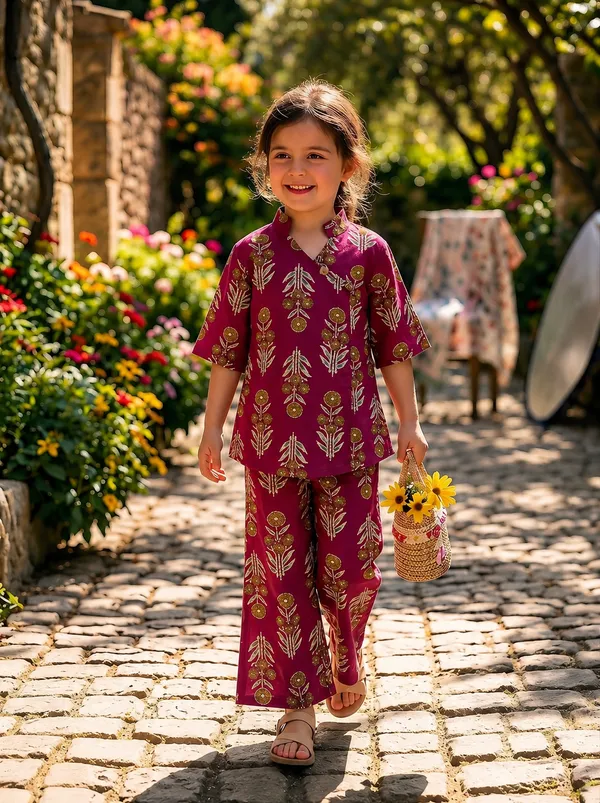 Kids_Girls_Magenta_Botanical_Printed_Cotton_Co-Ord_Set