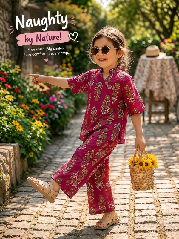 Kids_Girls_Magenta_Botanical_Printed_Cotton_Co-Ord_Set