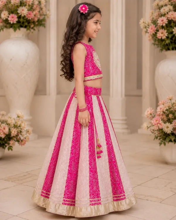 Kids_Girls_Pink_&_White_Printed_Lehenga_Choli_Set_with_Gold_Border