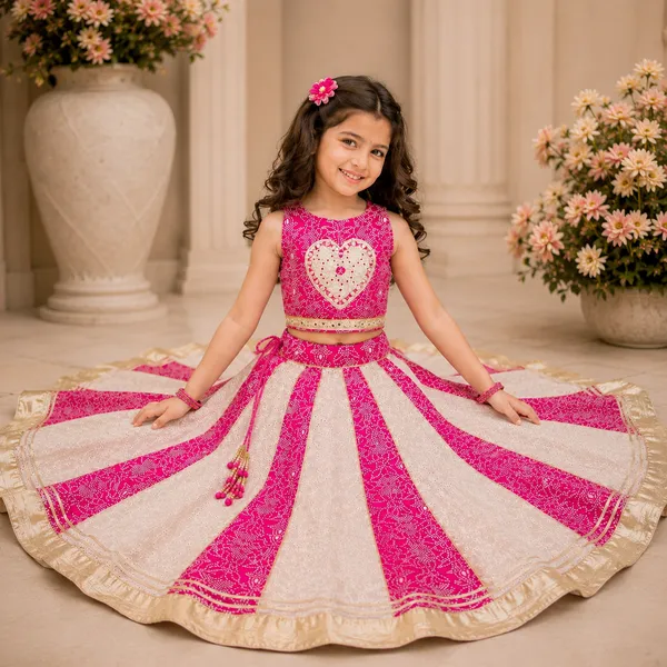 Kids_Girls_Pink_&_White_Printed_Lehenga_Choli_Set_with_Gold_Border