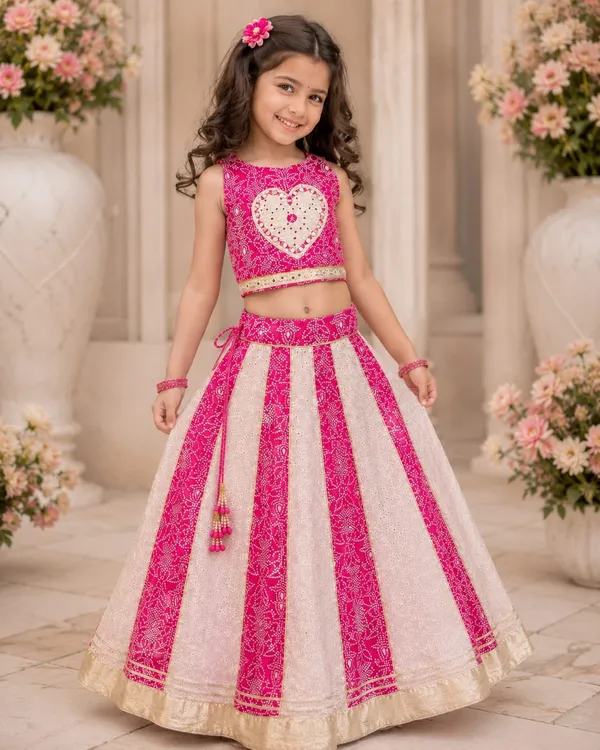 Kids_Girls_Pink_&_White_Printed_Lehenga_Choli_Set_with_Gold_Border