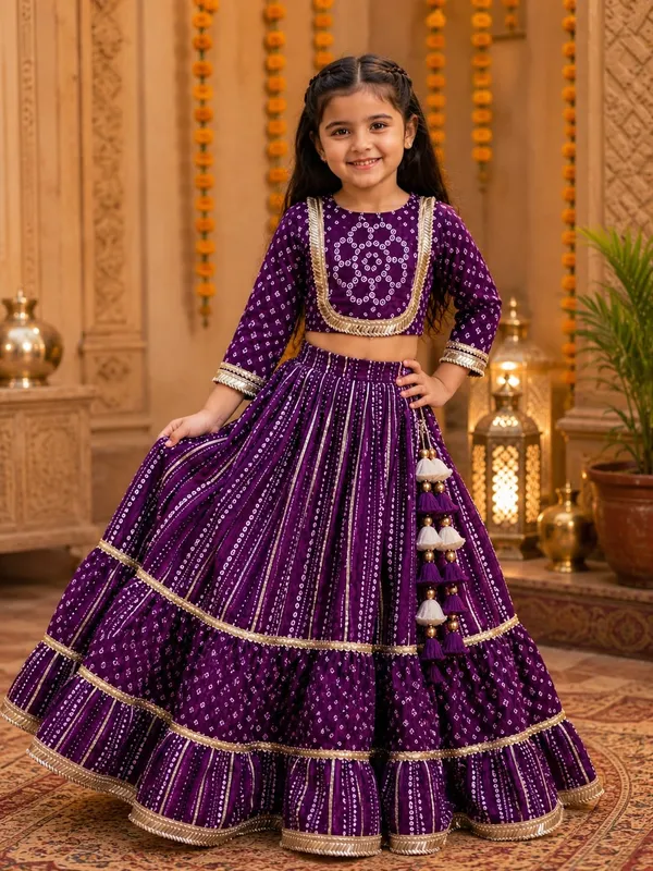 Kids_Girls_Purple_Printed_Lehenga_Choli_Set_with_Tassels