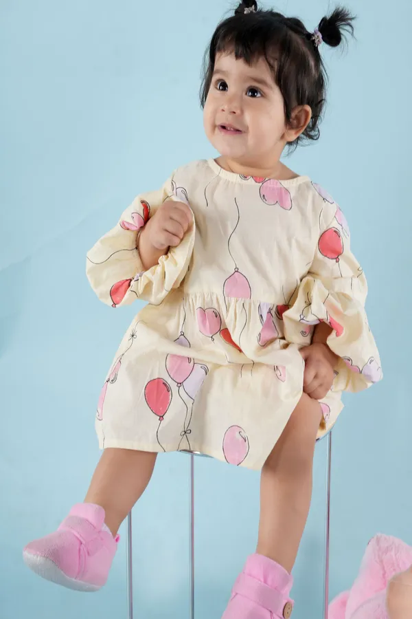 Multicolor_Cotton_Conversational_Printed_Puff_Sleeves_Aline_Dress_For_Girls