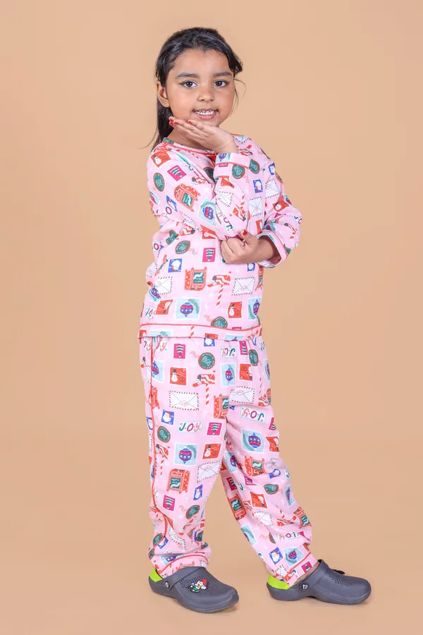 Multicolor_Cotton_Snowman_Printed_Christmas_Themed_Night_Suit_For_Girls