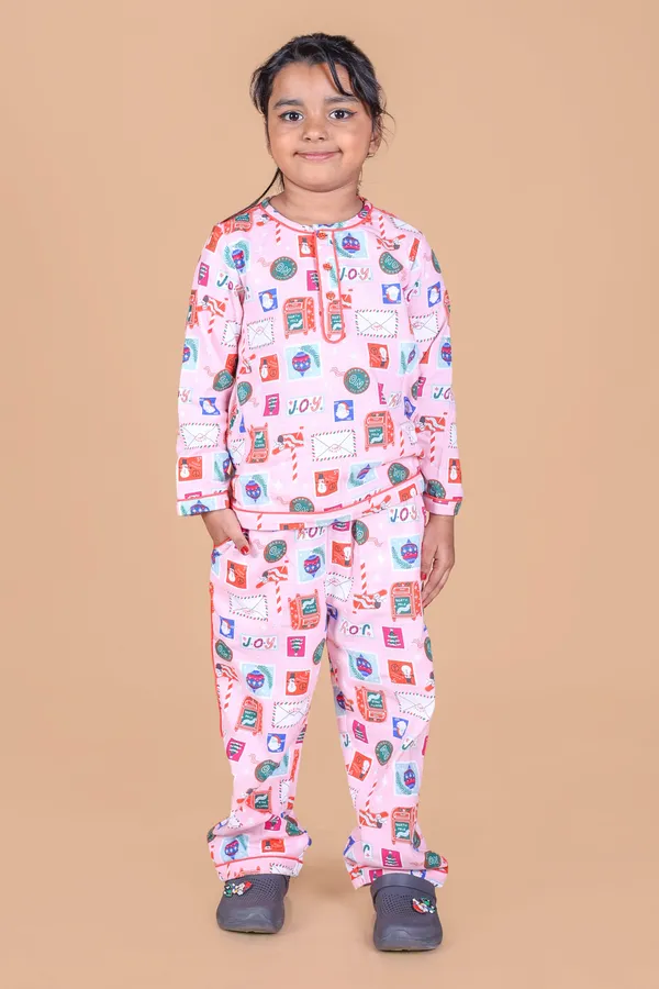 Multicolor_Cotton_Snowman_Printed_Christmas_Themed_Night_Suit_For_Girls