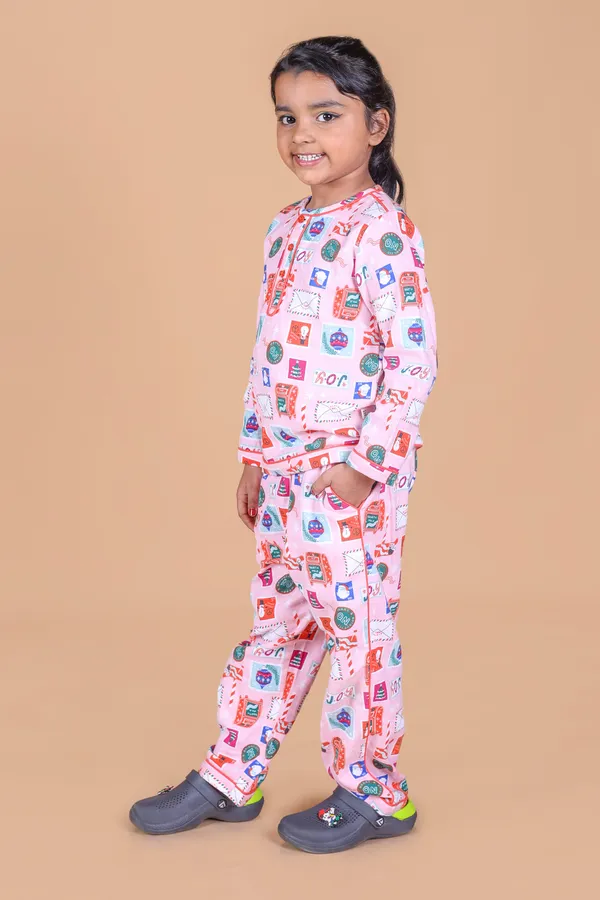 Multicolor_Cotton_Snowman_Printed_Christmas_Themed_Night_Suit_For_Girls