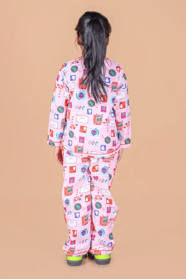 Multicolor_Cotton_Snowman_Printed_Christmas_Themed_Night_Suit_For_Girls