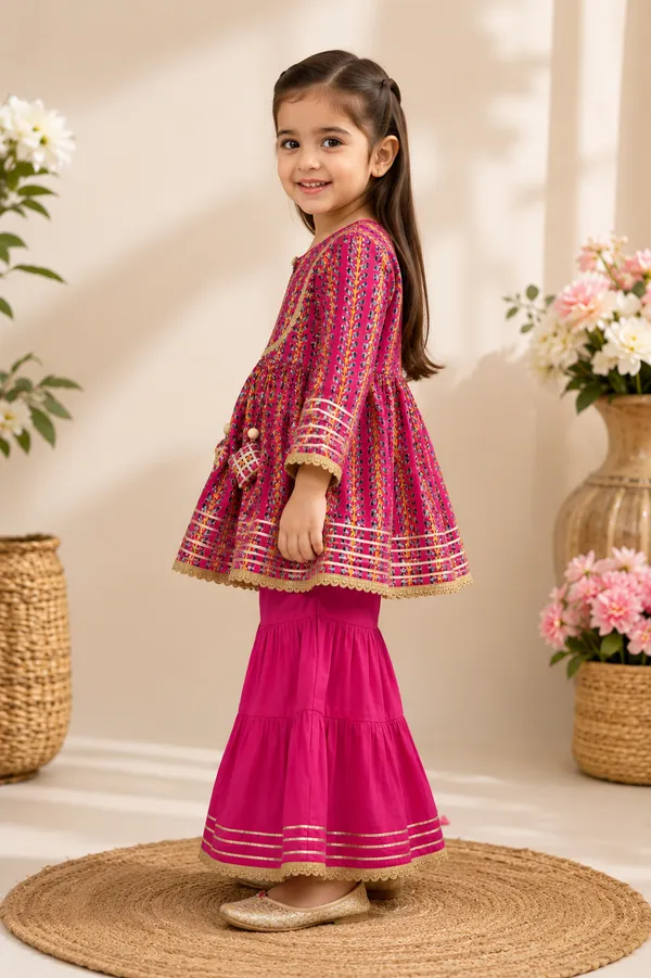 Pink_Floral_Printed_Kurti_Sharara_Set_For_Girls_With_Gota_Lace_Detailing