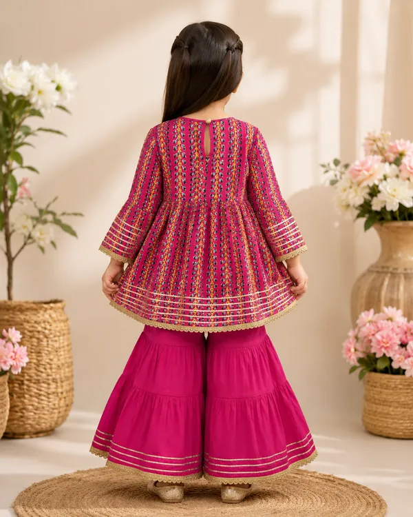 Pink_Floral_Printed_Kurti_Sharara_Set_For_Girls_With_Gota_Lace_Detailing