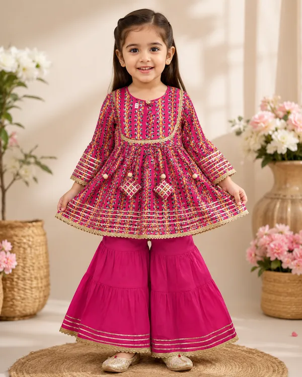 Pink_Floral_Printed_Kurti_Sharara_Set_For_Girls_With_Gota_Lace_Detailing