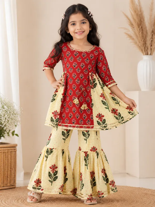Ruby_Blossom_Floral_Kurti_&_Sharara_Set_For_Girls