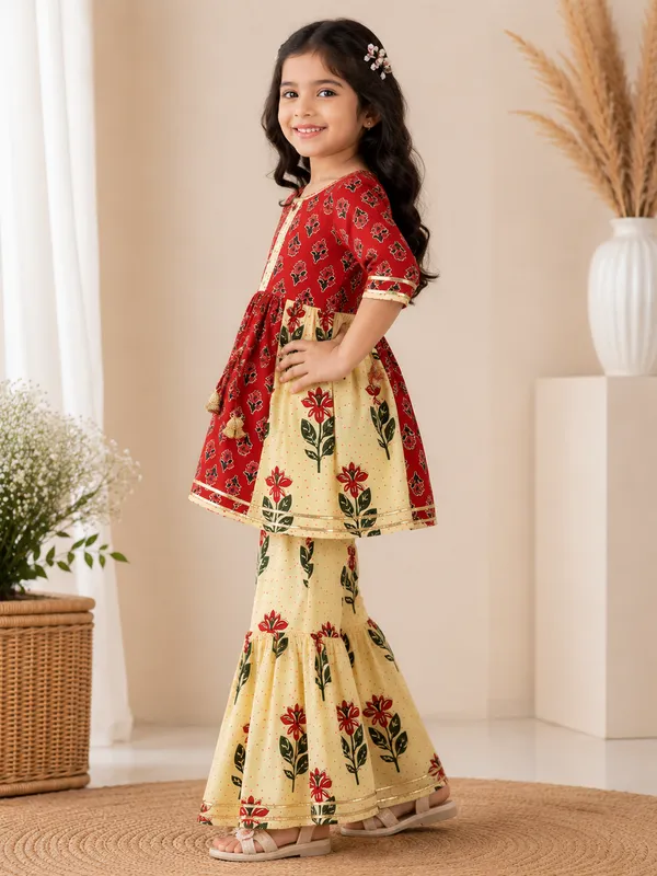 Ruby_Blossom_Floral_Kurti_&_Sharara_Set_For_Girls