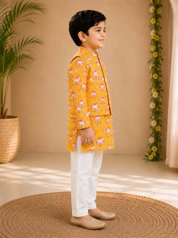Yellow_Lotus_Print_Kurta_Pajama_With_Nehru_Jacket_Set_For_Boys