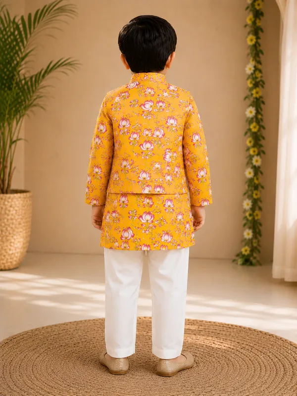 Yellow_Lotus_Print_Kurta_Pajama_With_Nehru_Jacket_Set_For_Boys