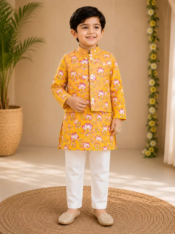 Yellow_Lotus_Print_Kurta_Pajama_With_Nehru_Jacket_Set_For_Boys