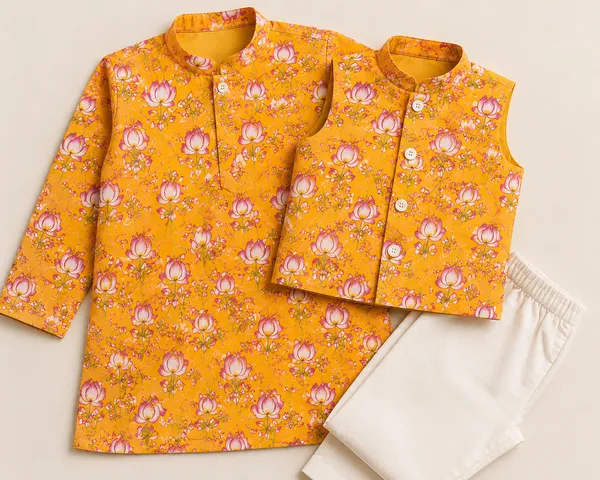 Yellow_Lotus_Print_Kurta_Pajama_With_Nehru_Jacket_Set_For_Boys