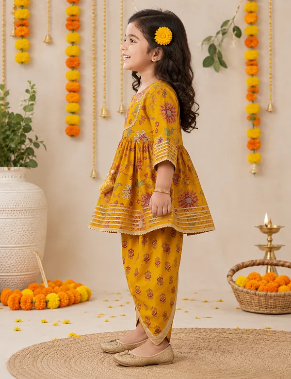 Girls_Mustard_Floral_Printed_Kurta_Dhoti_Set_With_Tassel_Detail