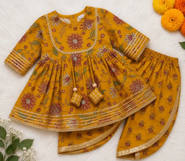 Girls_Mustard_Floral_Printed_Kurta_Dhoti_Set_With_Tassel_Detail