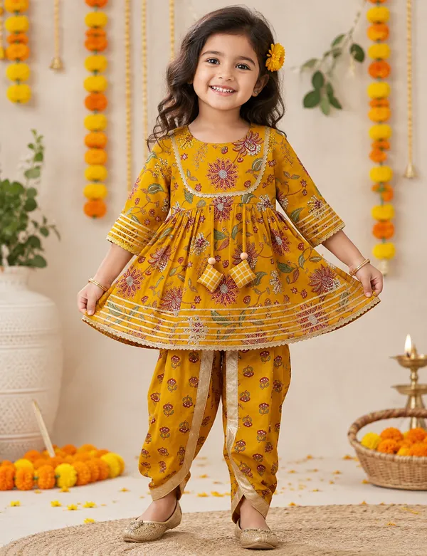 Girls_Mustard_Floral_Printed_Kurta_Dhoti_Set_With_Tassel_Detail
