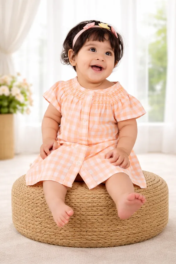 Multicolor_Cotton_Fancy_Neck_Smocked_Yarn_Dyed_Dress_For_Infant