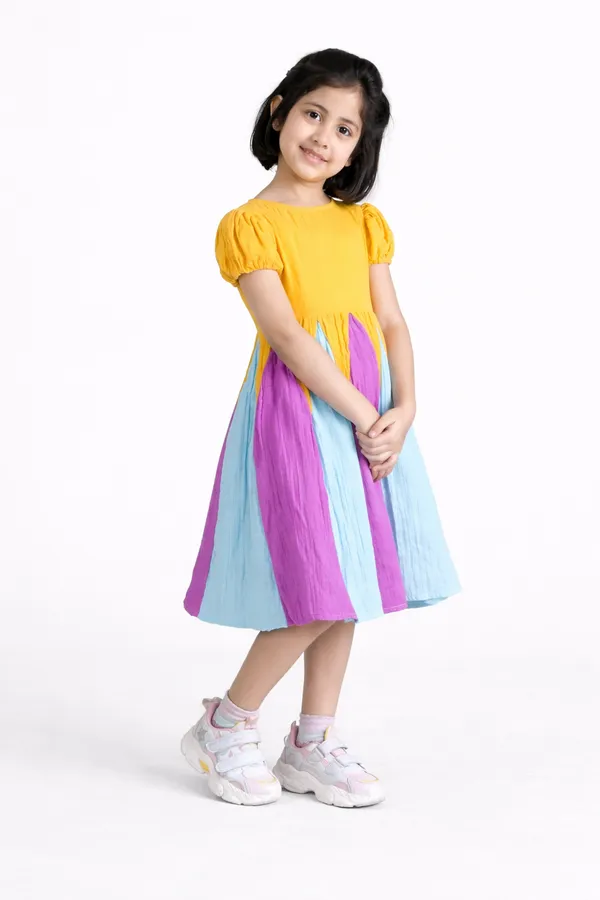 Multicolor_Cotton_Puff_Sleeve_Fit_Flare_Dress_For_Girls