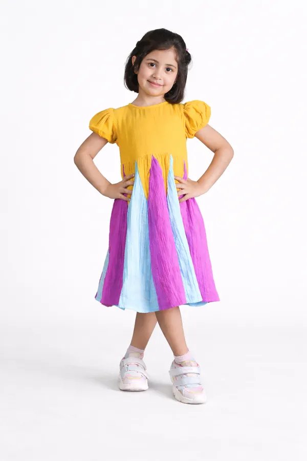 Multicolor_Cotton_Puff_Sleeve_Fit_Flare_Dress_For_Girls