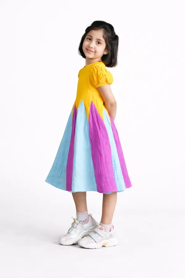 Multicolor_Cotton_Puff_Sleeve_Fit_Flare_Dress_For_Girls