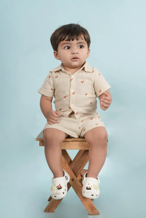Beige_Cotton_Beige_Printed_Shirt_And_Shorts_Set_For_Boys