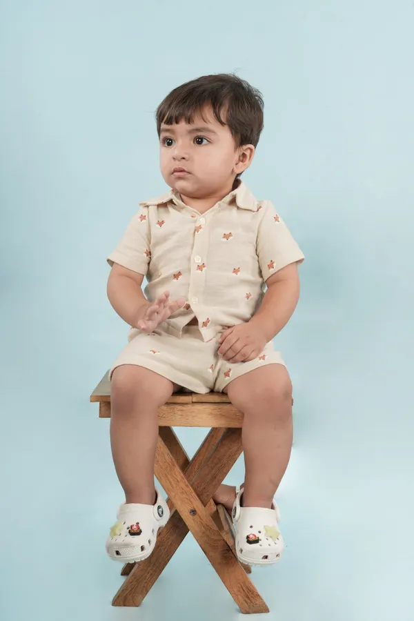 Beige_Cotton_Beige_Printed_Shirt_And_Shorts_Set_For_Boys