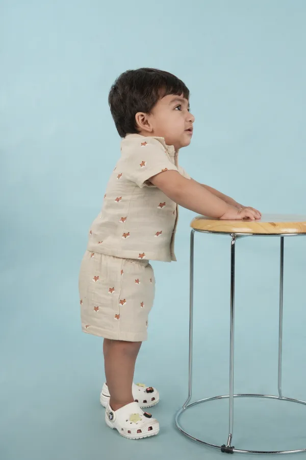Beige_Cotton_Beige_Printed_Shirt_And_Shorts_Set_For_Boys